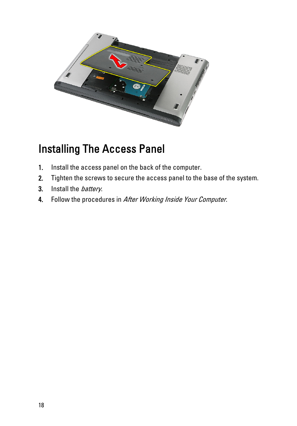 Installing the access panel | Dell Vostro 3550 (Early 2011) User Manual | Page 18 / 113