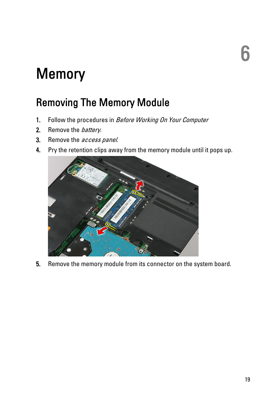 Memory, Removing the memory module, 6 memory | Dell Vostro 3550 (Early 2011) User Manual | Page 19 / 113