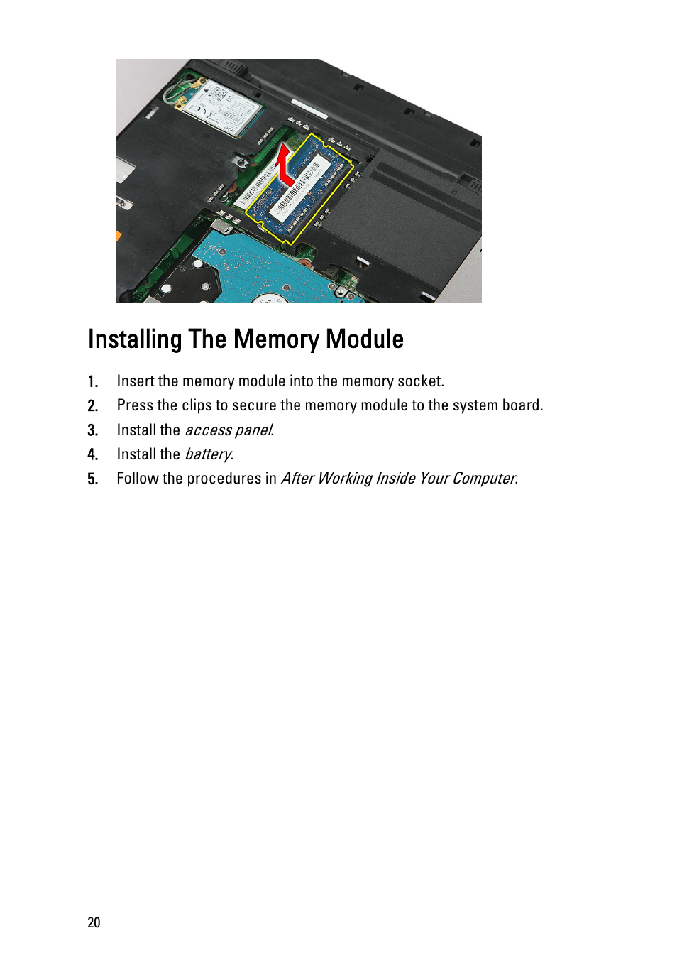 Installing the memory module | Dell Vostro 3550 (Early 2011) User Manual | Page 20 / 113