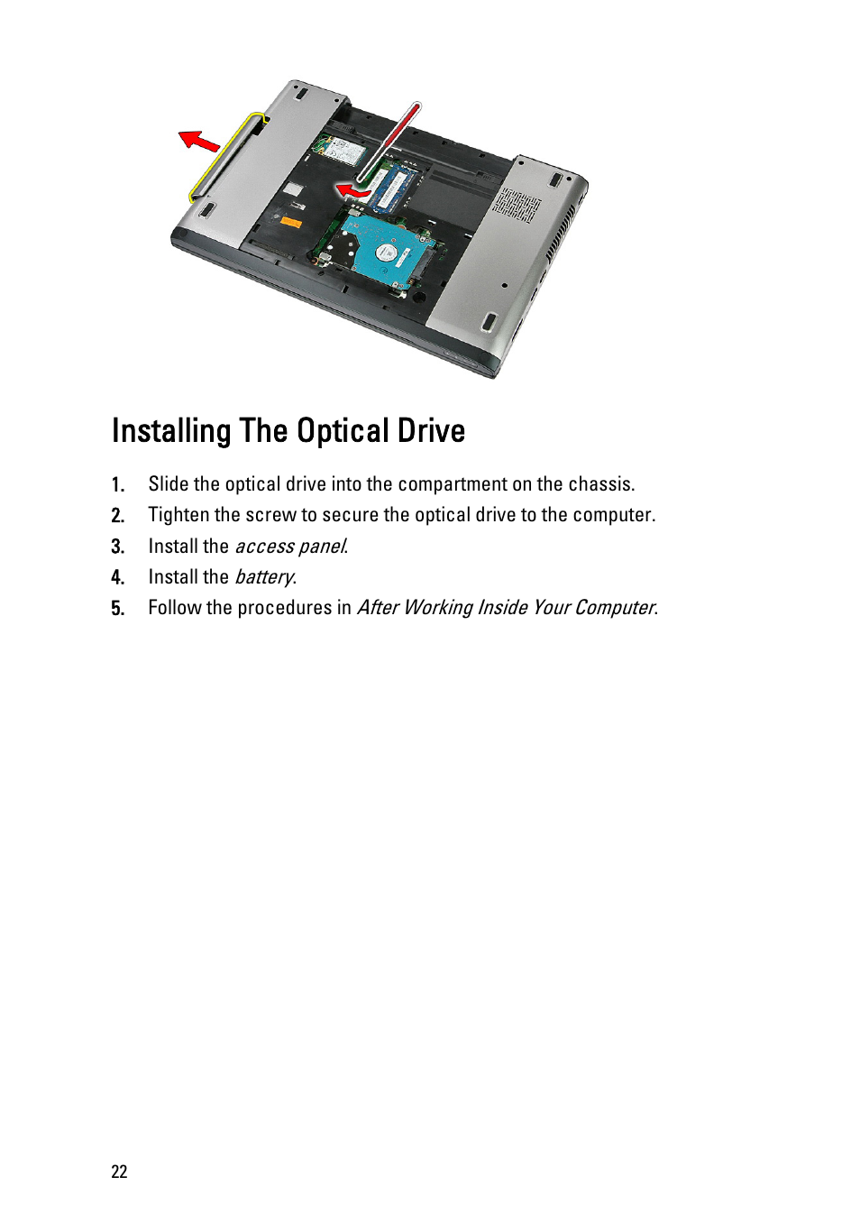 Installing the optical drive | Dell Vostro 3550 (Early 2011) User Manual | Page 22 / 113