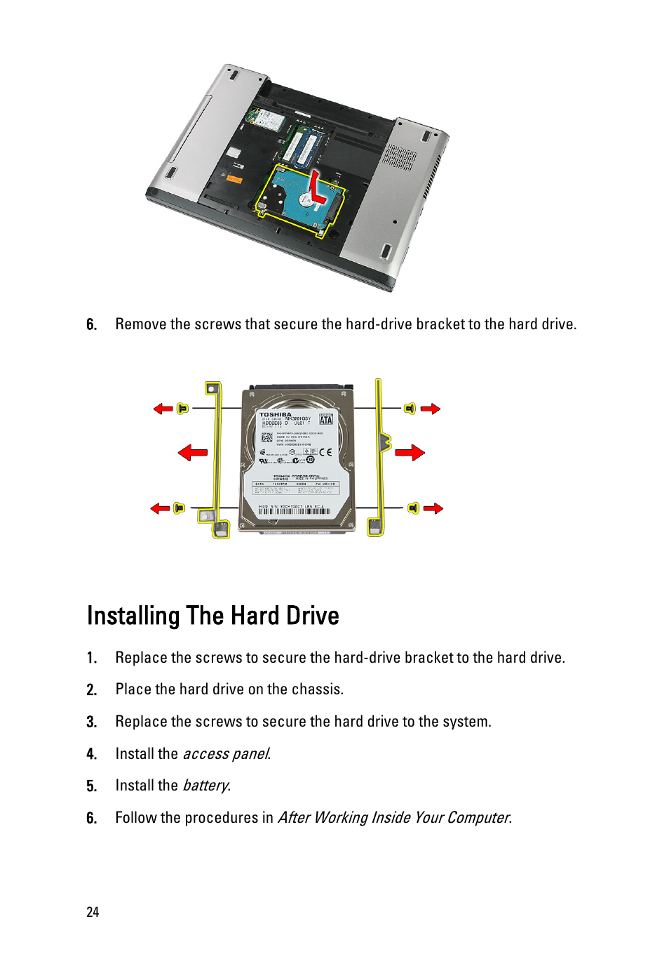 Installing the hard drive | Dell Vostro 3550 (Early 2011) User Manual | Page 24 / 113