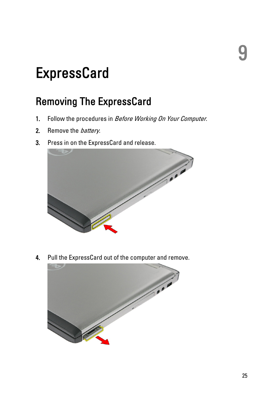 Expresscard, Removing the expresscard, 9 expresscard | Dell Vostro 3550 (Early 2011) User Manual | Page 25 / 113