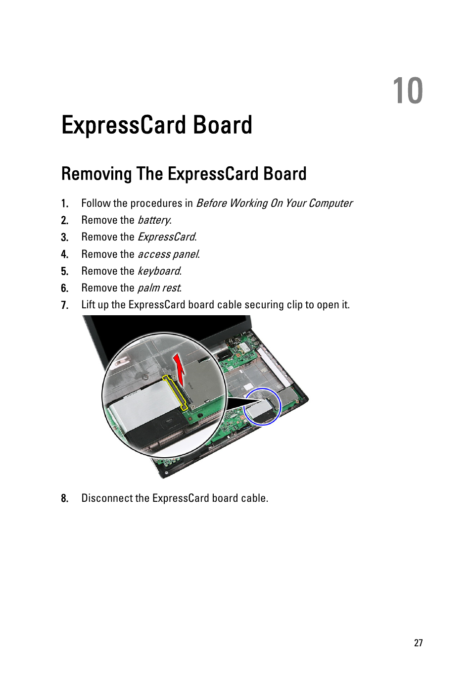 Expresscard board, Removing the expresscard board, 10 expresscard board | Dell Vostro 3550 (Early 2011) User Manual | Page 27 / 113