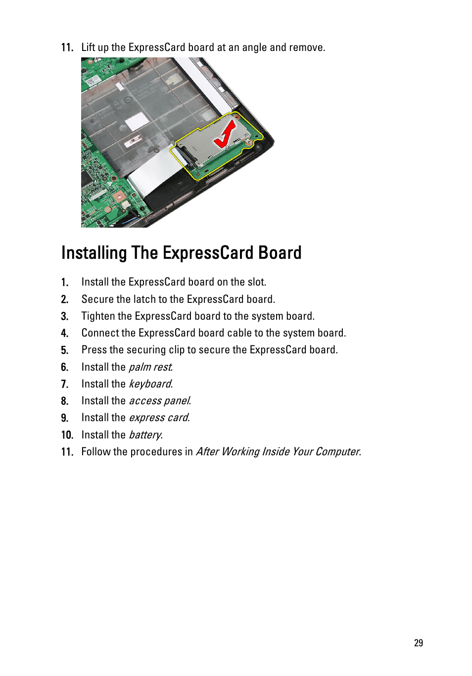 Installing the expresscard board | Dell Vostro 3550 (Early 2011) User Manual | Page 29 / 113