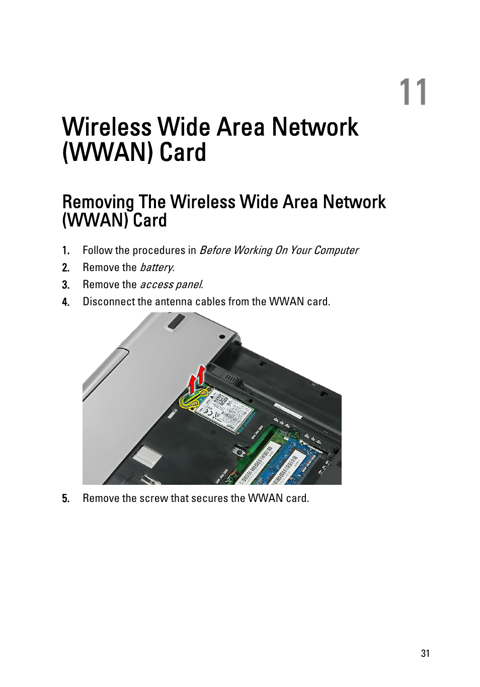 Wireless wide area network (wwan) card, 11 wireless wide area network (wwan) card | Dell Vostro 3550 (Early 2011) User Manual | Page 31 / 113
