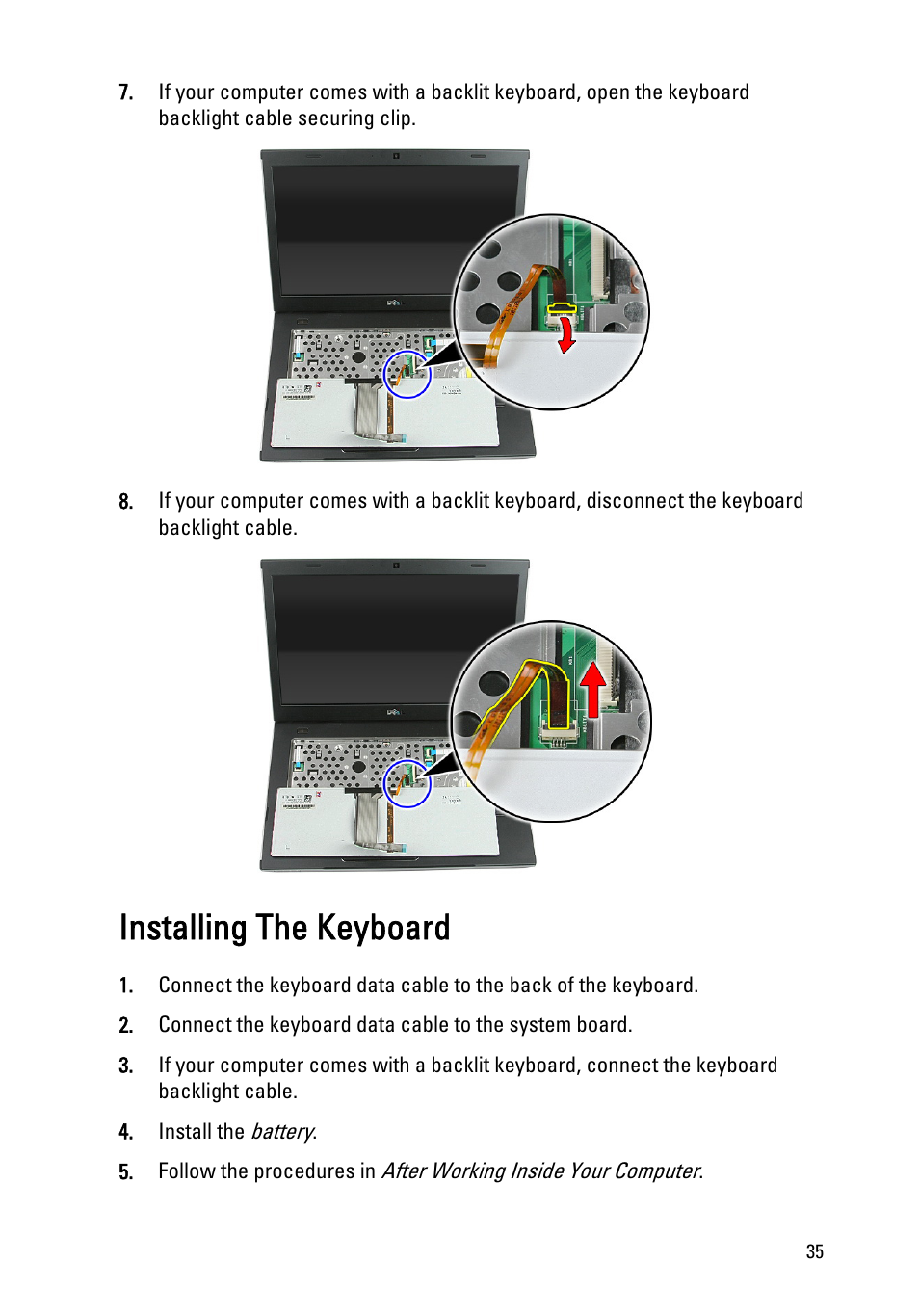 Installing the keyboard, Install the, Keyboard | Dell Vostro 3550 (Early 2011) User Manual | Page 35 / 113