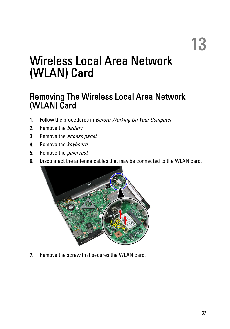 Wireless local area network (wlan) card, 13 wireless local area network (wlan) card | Dell Vostro 3550 (Early 2011) User Manual | Page 37 / 113