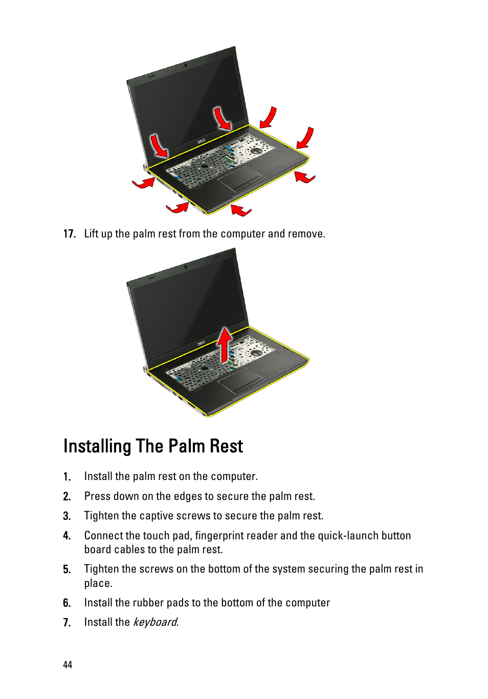 Installing the palm rest, Install the, Palm rest | Dell Vostro 3550 (Early 2011) User Manual | Page 44 / 113