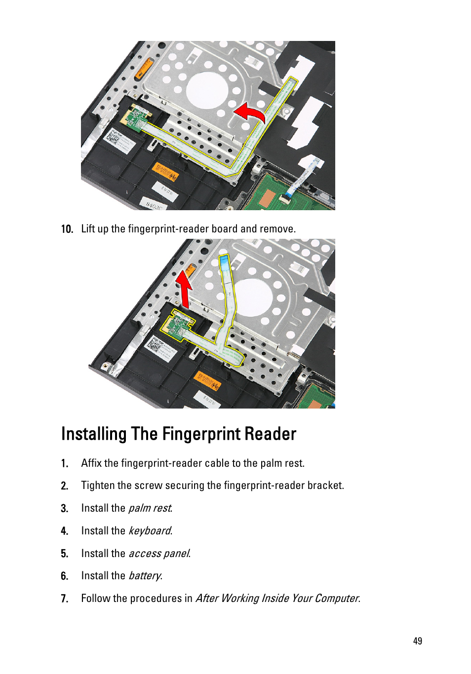 Installing the fingerprint reader | Dell Vostro 3550 (Early 2011) User Manual | Page 49 / 113