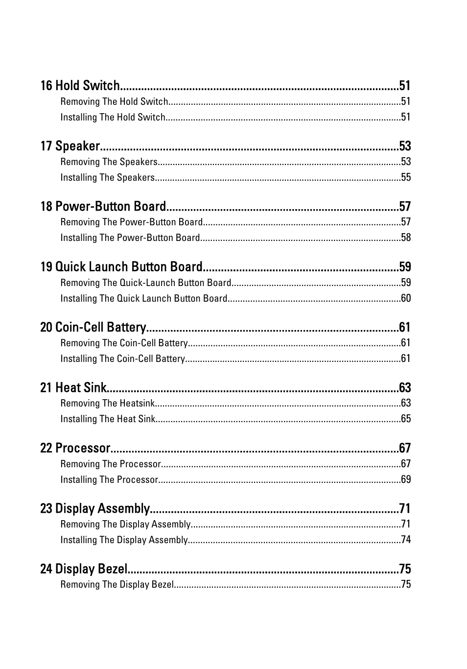 16 hold switch, 17 speaker, 18 power-button board | 19 quick launch button board, 20 coin-cell battery, 21 heat sink, 22 processor, 23 display assembly, 24 display bezel | Dell Vostro 3550 (Early 2011) User Manual | Page 5 / 113