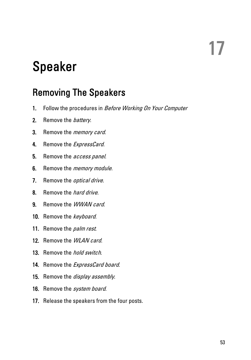 Speaker, Removing the speakers, 17 speaker | Dell Vostro 3550 (Early 2011) User Manual | Page 53 / 113