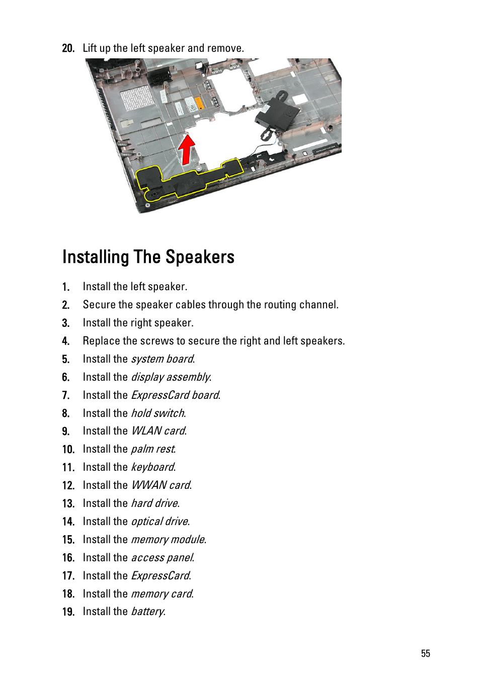 Installing the speakers | Dell Vostro 3550 (Early 2011) User Manual | Page 55 / 113