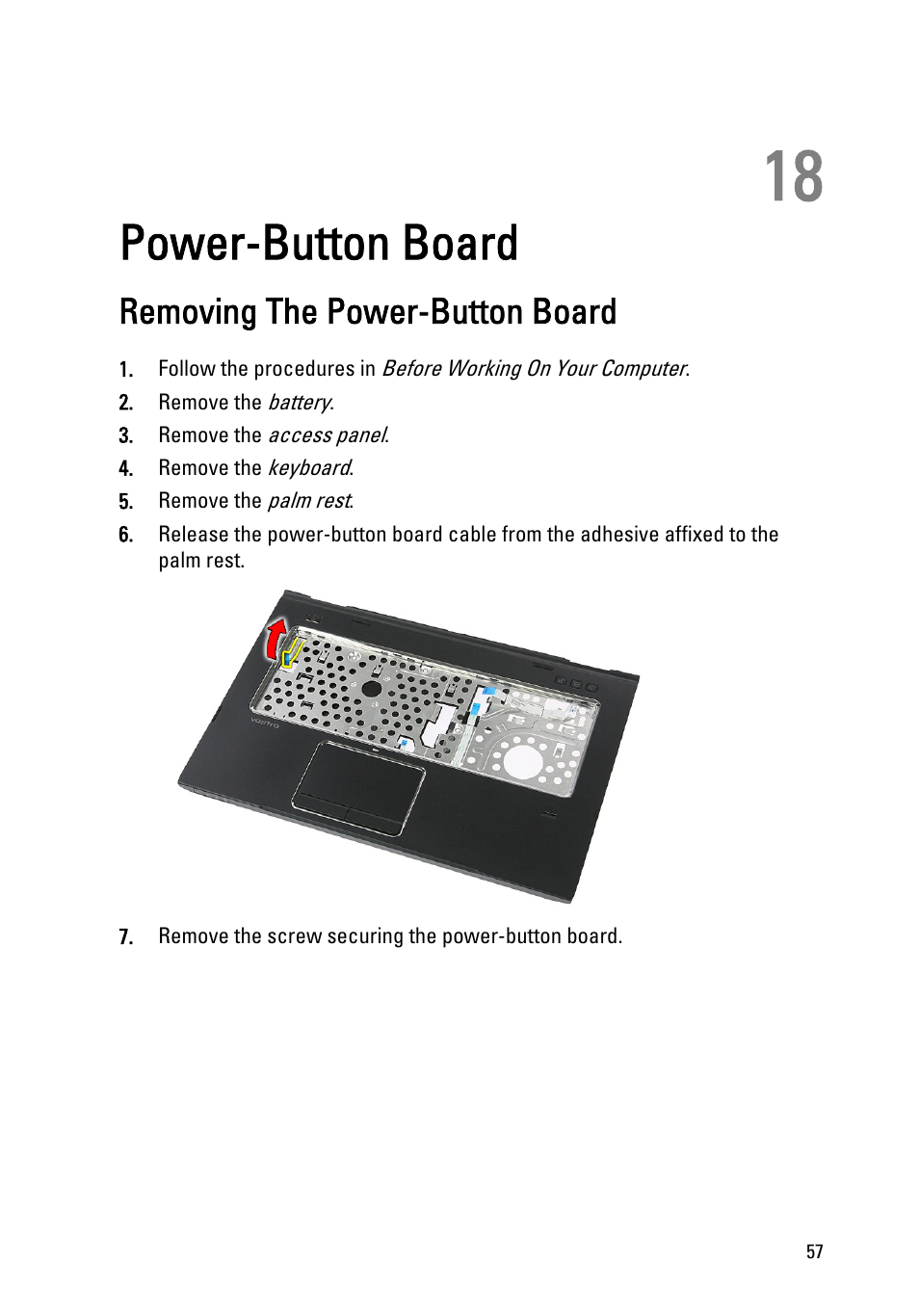 Power-button board, Removing the power-button board, 18 power-button board | Dell Vostro 3550 (Early 2011) User Manual | Page 57 / 113