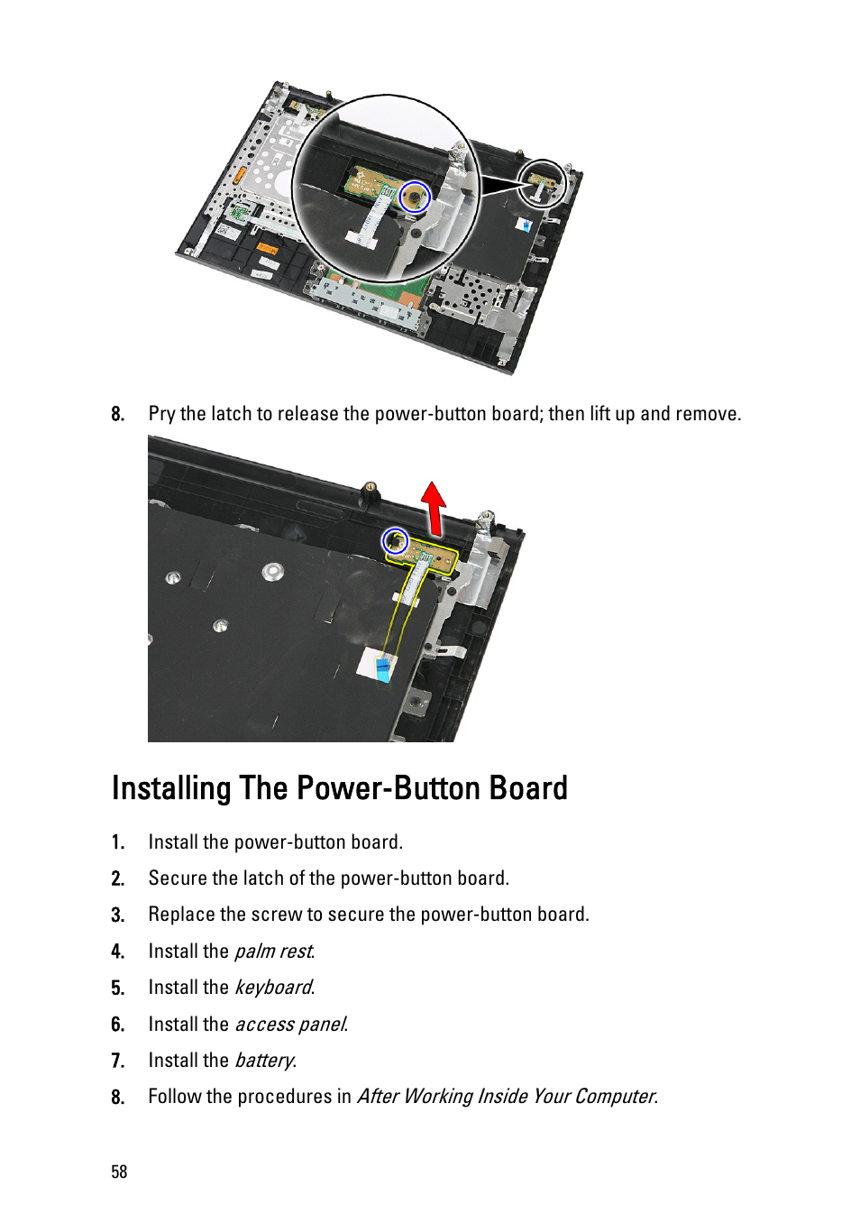 Installing the power-button board | Dell Vostro 3550 (Early 2011) User Manual | Page 58 / 113