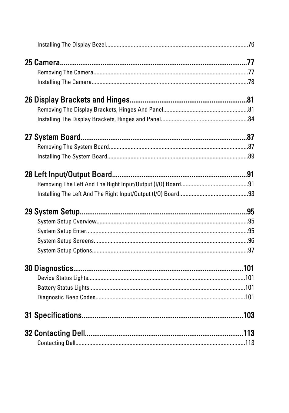 25 camera, 26 display brackets and hinges, 27 system board | 28 left input/output board, 29 system setup, 30 diagnostics, 31 specifications 32 contacting dell | Dell Vostro 3550 (Early 2011) User Manual | Page 6 / 113