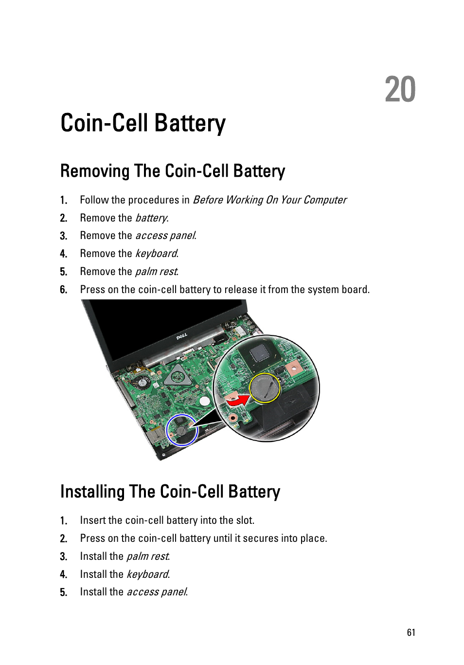 Coin-cell battery, Removing the coin-cell battery, Installing the coin-cell battery | 20 coin-cell battery | Dell Vostro 3550 (Early 2011) User Manual | Page 61 / 113