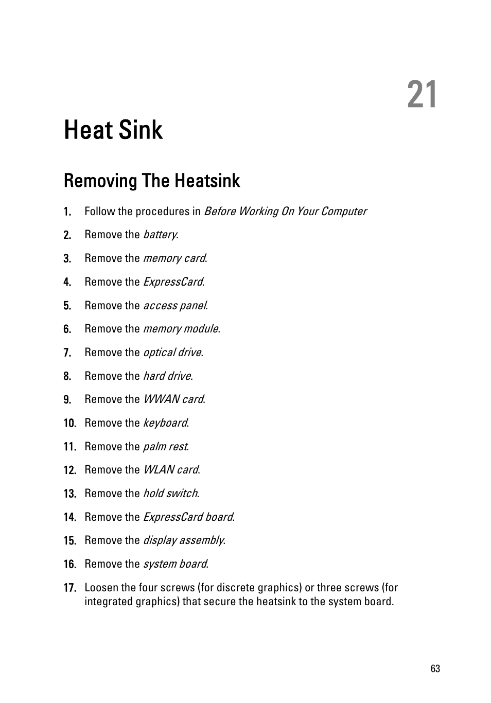 Heat sink, Removing the heatsink, 21 heat sink | Dell Vostro 3550 (Early 2011) User Manual | Page 63 / 113