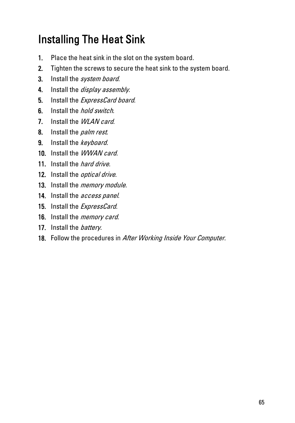 Installing the heat sink | Dell Vostro 3550 (Early 2011) User Manual | Page 65 / 113