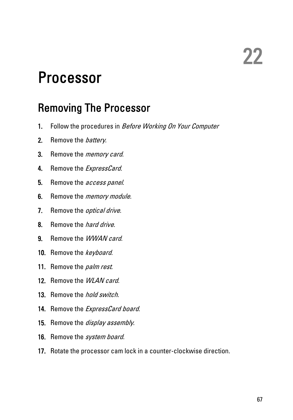 Processor, Removing the processor, 22 processor | Dell Vostro 3550 (Early 2011) User Manual | Page 67 / 113