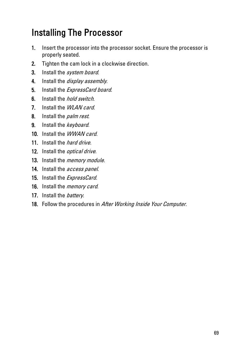 Installing the processor | Dell Vostro 3550 (Early 2011) User Manual | Page 69 / 113