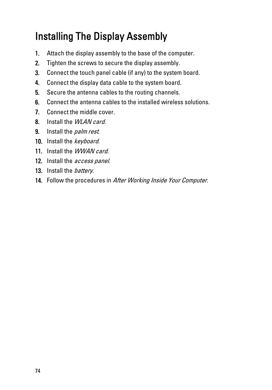 Installing the display assembly, Install the, Display assembly | Dell Vostro 3550 (Early 2011) User Manual | Page 74 / 113