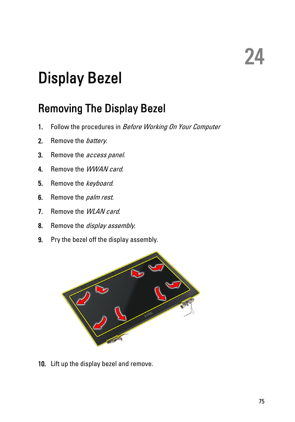 Display bezel, Removing the display bezel, 24 display bezel | Dell Vostro 3550 (Early 2011) User Manual | Page 75 / 113