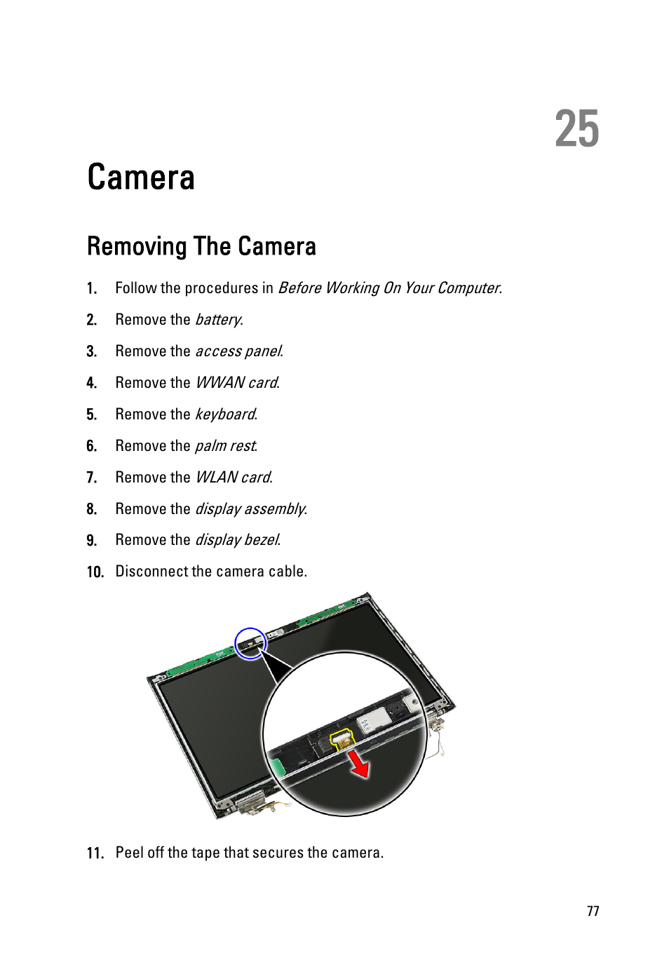 Camera, Removing the camera, 25 camera | Dell Vostro 3550 (Early 2011) User Manual | Page 77 / 113