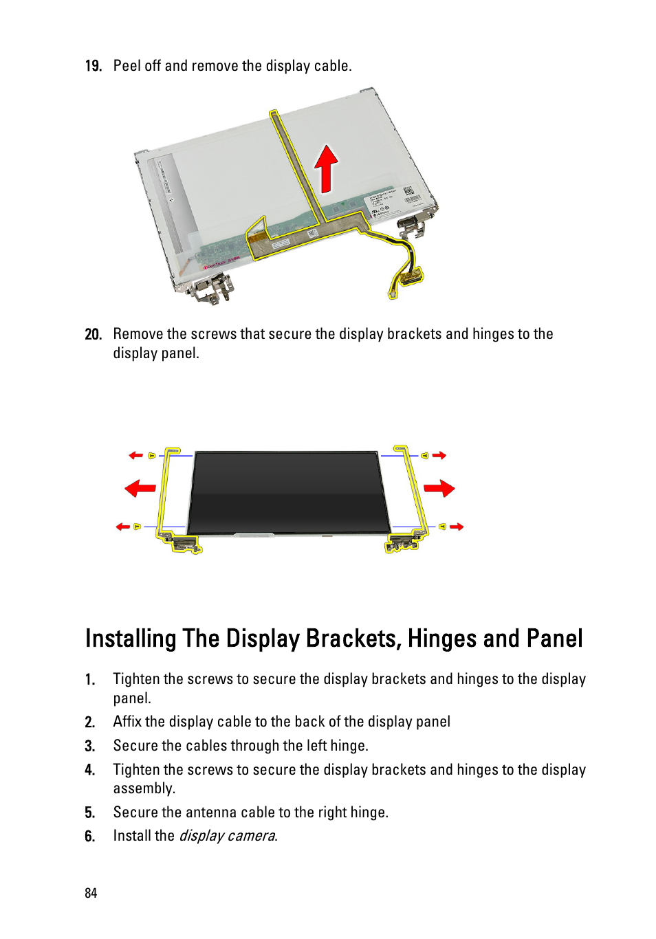 Installing the display brackets, hinges and panel | Dell Vostro 3550 (Early 2011) User Manual | Page 84 / 113