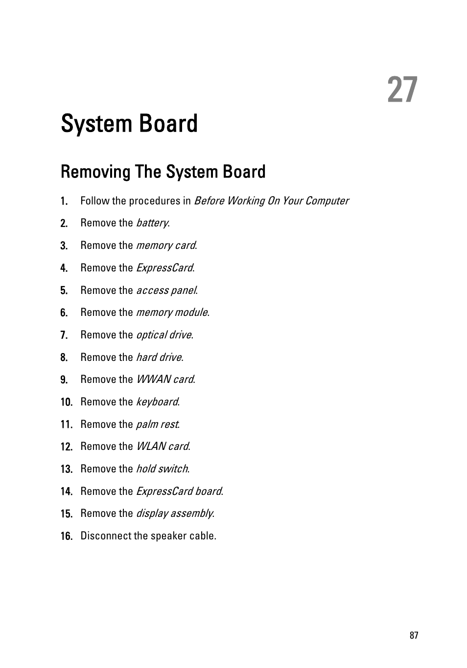 System board, Removing the system board, 27 system board | Remove the | Dell Vostro 3550 (Early 2011) User Manual | Page 87 / 113