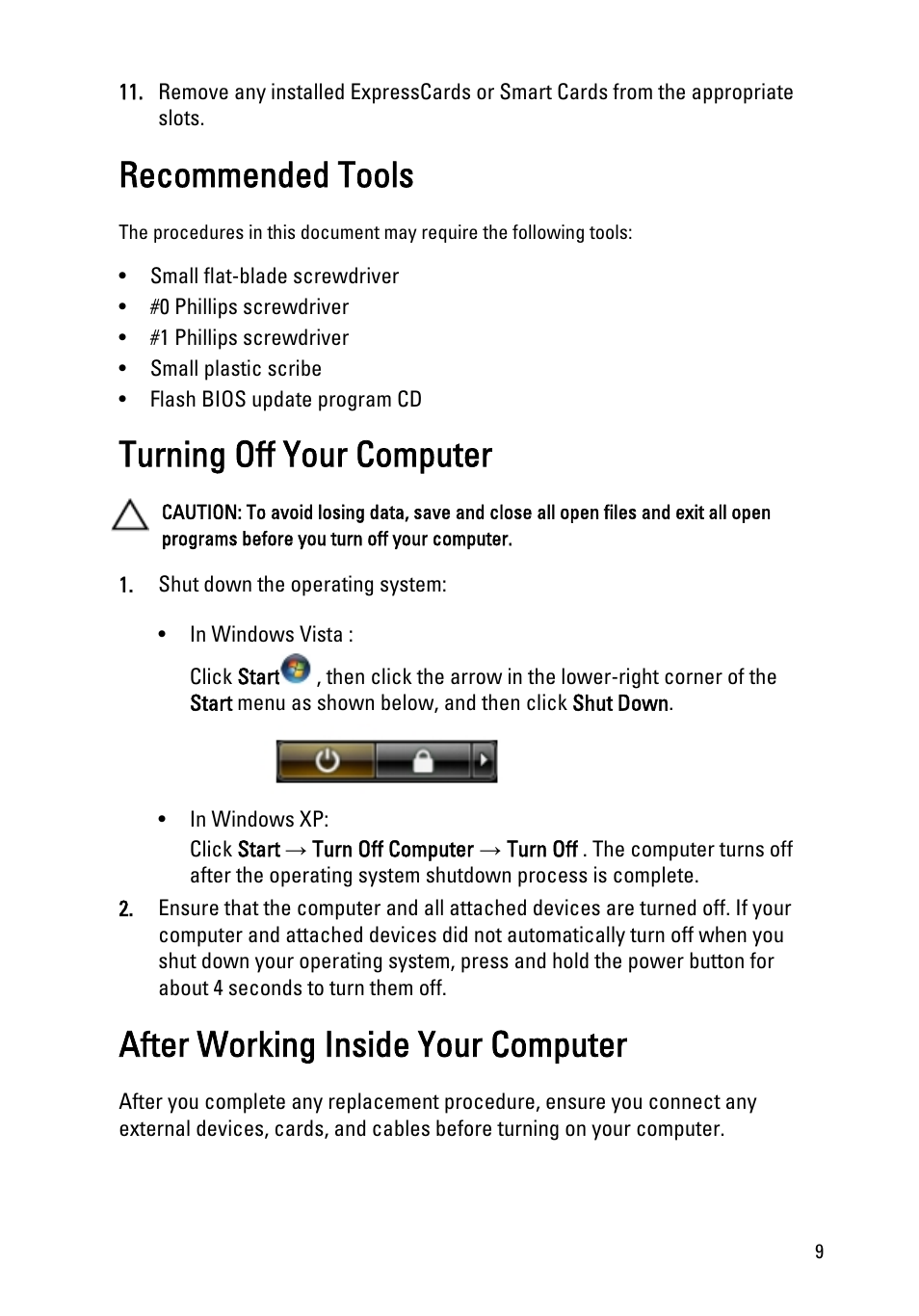 Recommended tools, Turning off your computer, After working inside your computer | Dell Vostro 3550 (Early 2011) User Manual | Page 9 / 113
