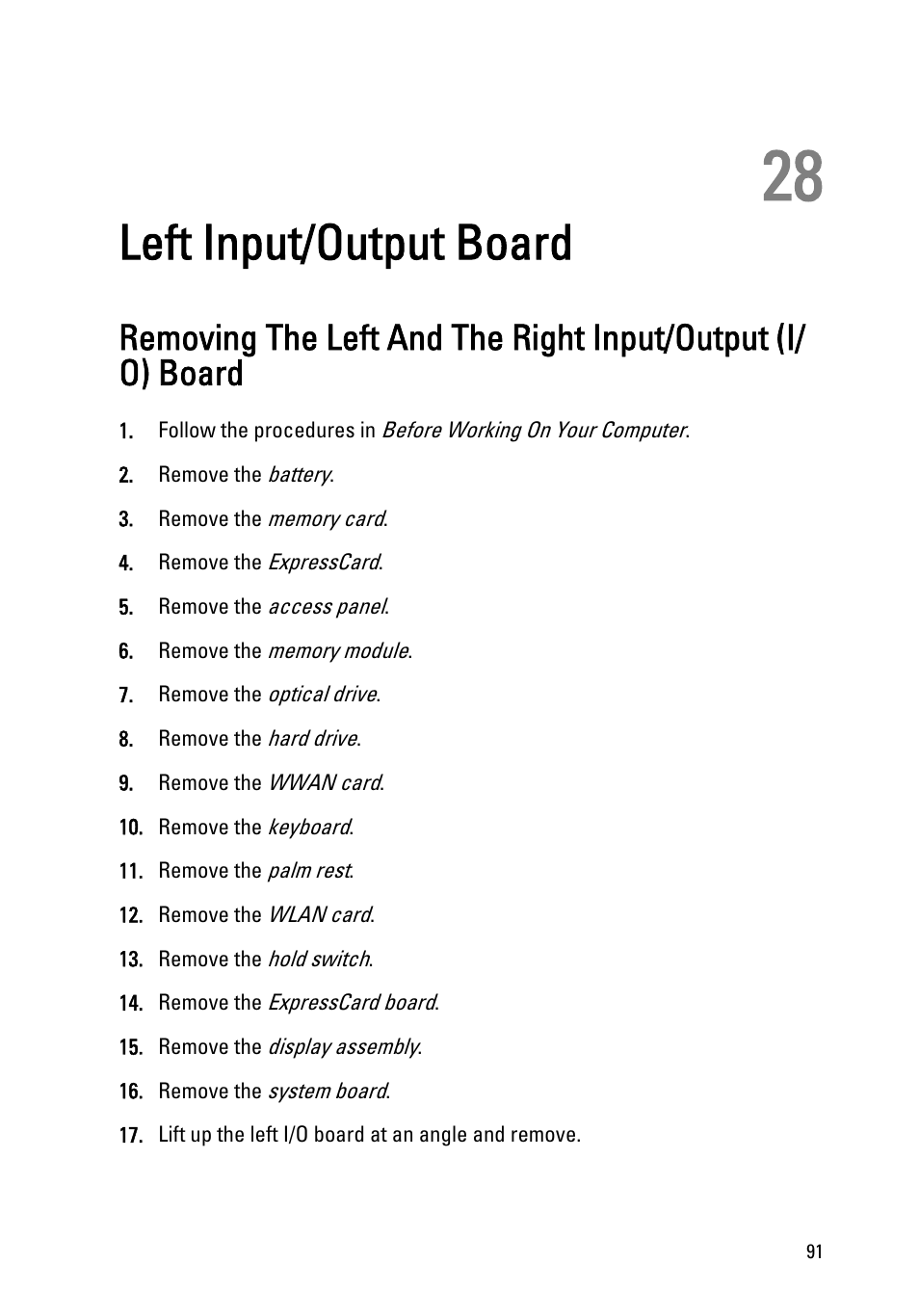 Left input/output board, 28 left input/output board | Dell Vostro 3550 (Early 2011) User Manual | Page 91 / 113