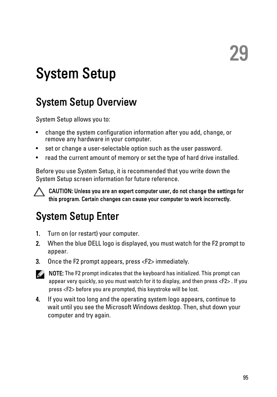 System setup, System setup overview, System setup enter | 29 system setup | Dell Vostro 3550 (Early 2011) User Manual | Page 95 / 113