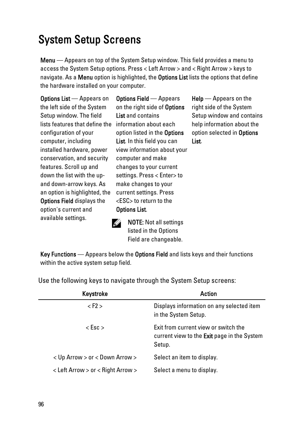 System setup screens | Dell Vostro 3550 (Early 2011) User Manual | Page 96 / 113