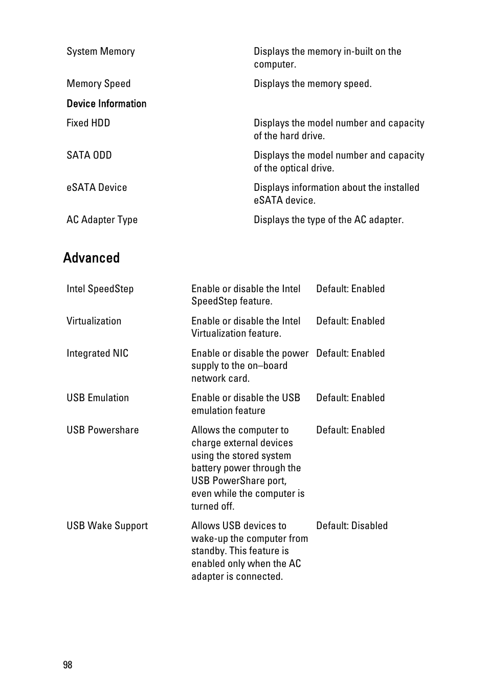 Advanced | Dell Vostro 3550 (Early 2011) User Manual | Page 98 / 113