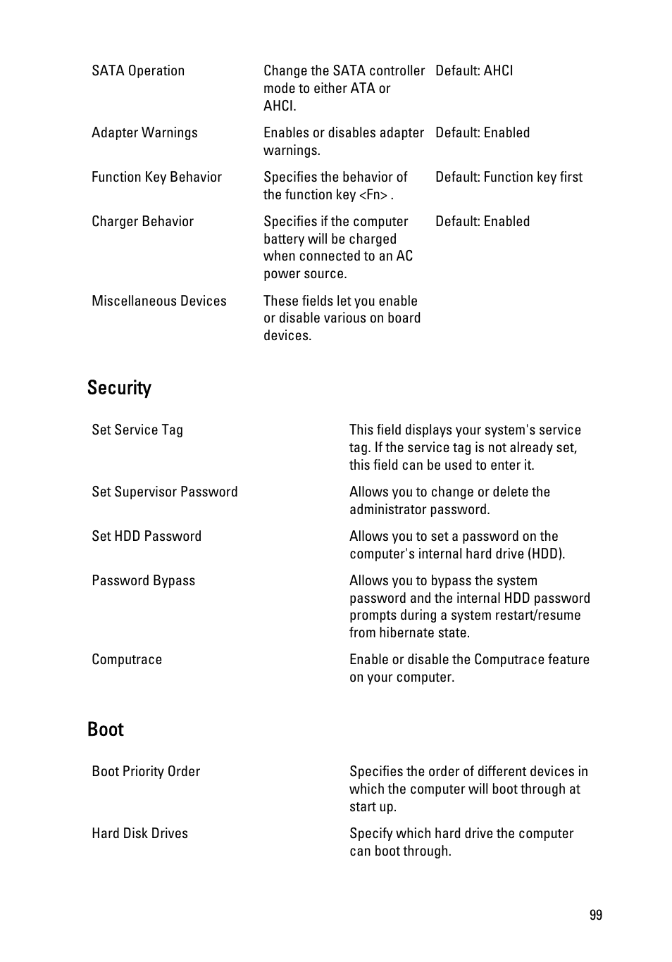 Security, Boot | Dell Vostro 3550 (Early 2011) User Manual | Page 99 / 113