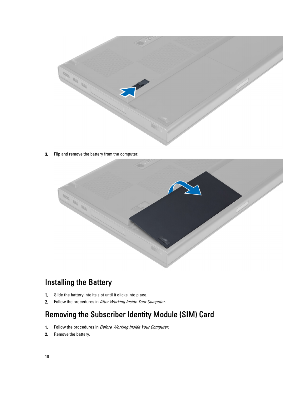 Installing the battery, Removing the subscriber identity module (sim) card | Dell Precision M4700 (Mid 2012) User Manual | Page 10 / 83