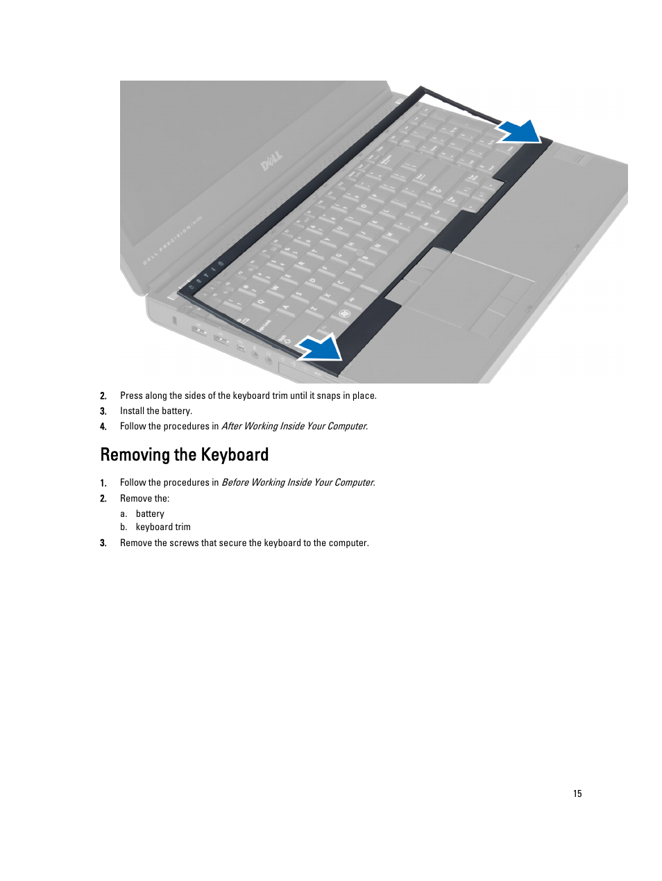 Removing the keyboard | Dell Precision M4700 (Mid 2012) User Manual | Page 15 / 83