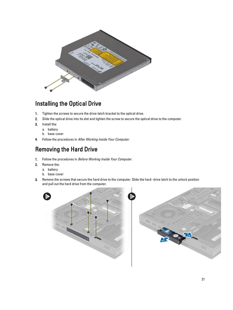 Installing the optical drive, Removing the hard drive | Dell Precision M4700 (Mid 2012) User Manual | Page 21 / 83