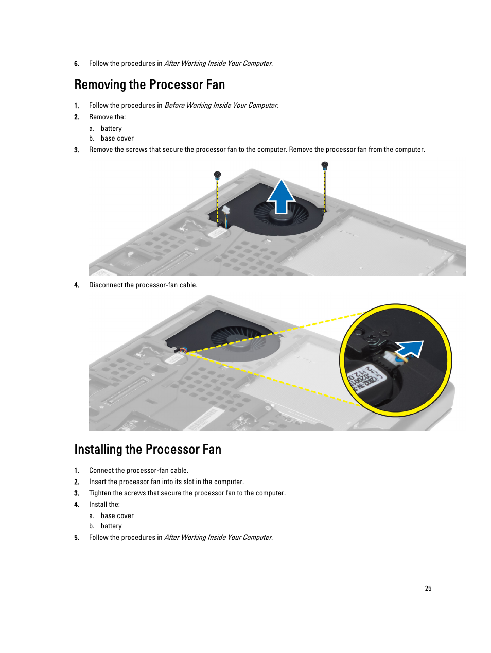 Removing the processor fan, Installing the processor fan | Dell Precision M4700 (Mid 2012) User Manual | Page 25 / 83
