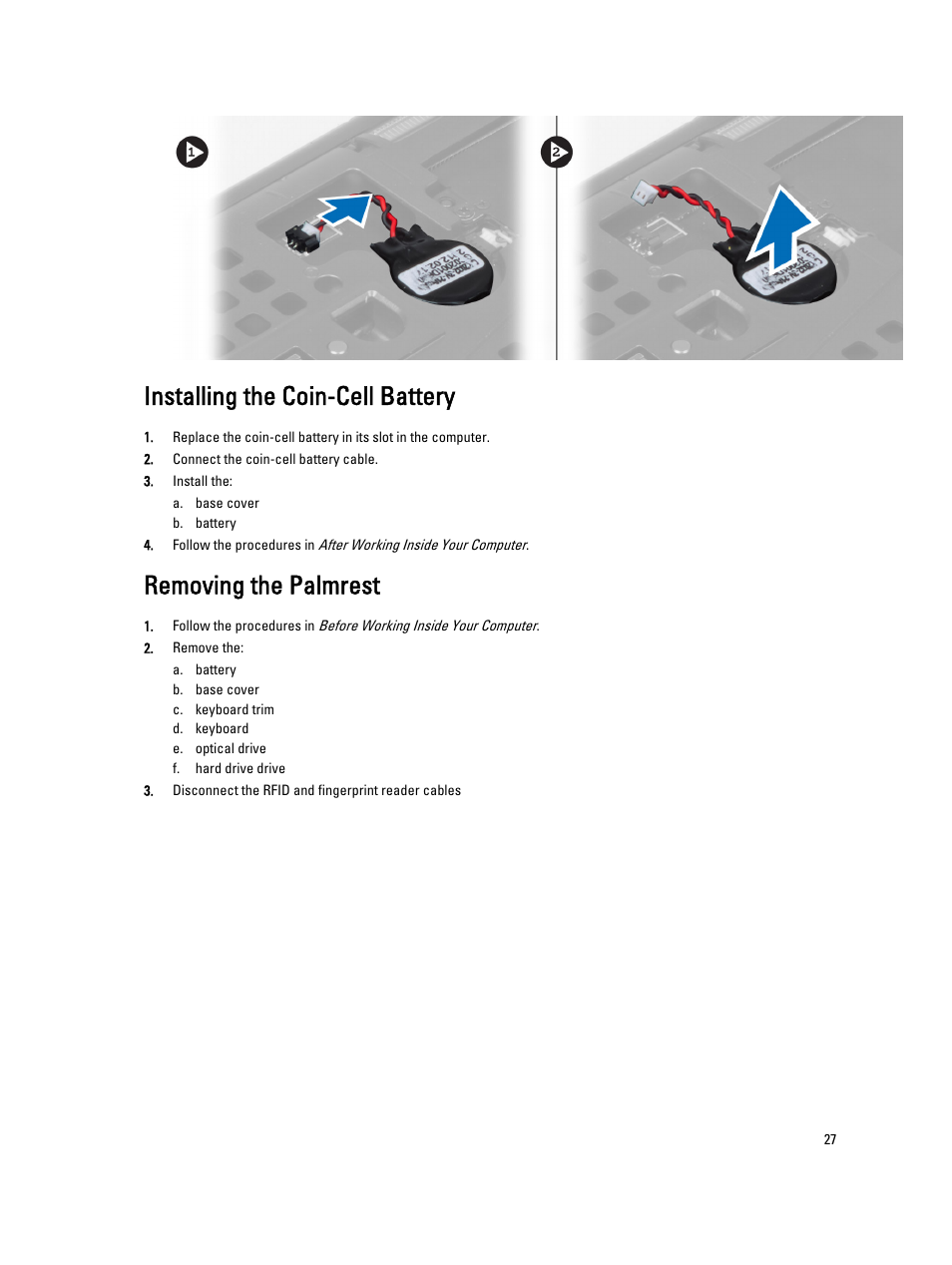 Installing the coin-cell battery, Removing the palmrest | Dell Precision M4700 (Mid 2012) User Manual | Page 27 / 83