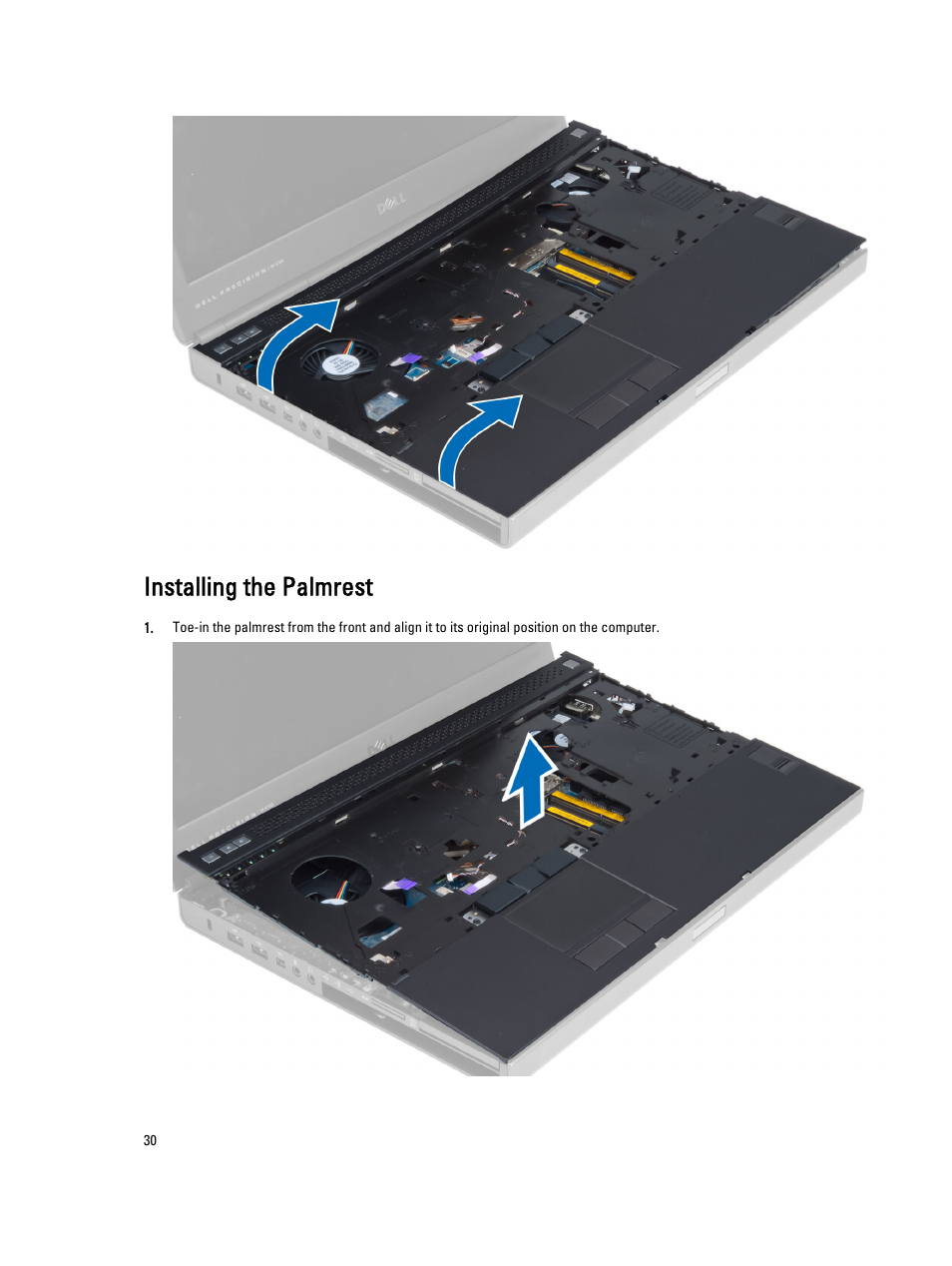 Installing the palmrest | Dell Precision M4700 (Mid 2012) User Manual | Page 30 / 83