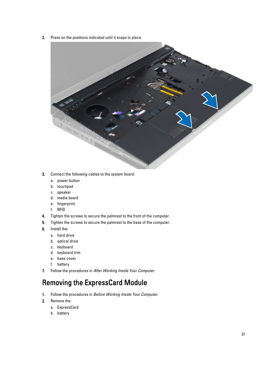 Removing the expresscard module | Dell Precision M4700 (Mid 2012) User Manual | Page 31 / 83