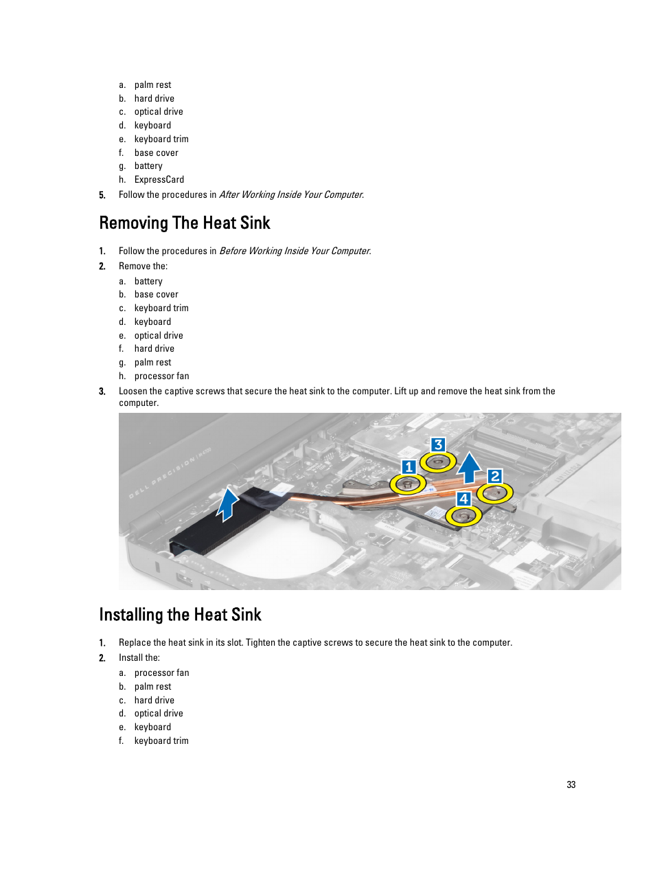 Removing the heat sink, Installing the heat sink | Dell Precision M4700 (Mid 2012) User Manual | Page 33 / 83