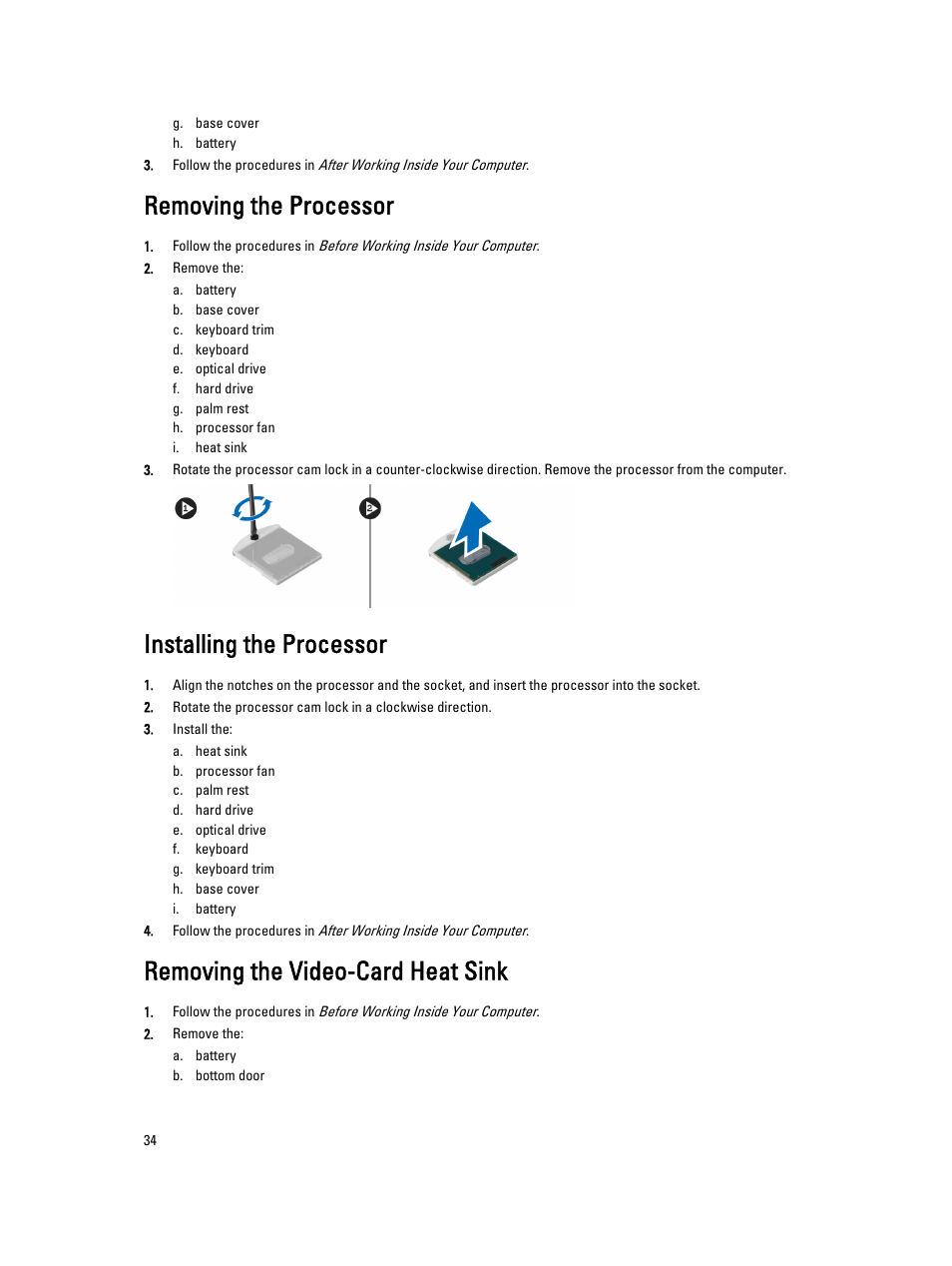 Removing the processor, Installing the processor, Removing the video-card heat sink | Dell Precision M4700 (Mid 2012) User Manual | Page 34 / 83