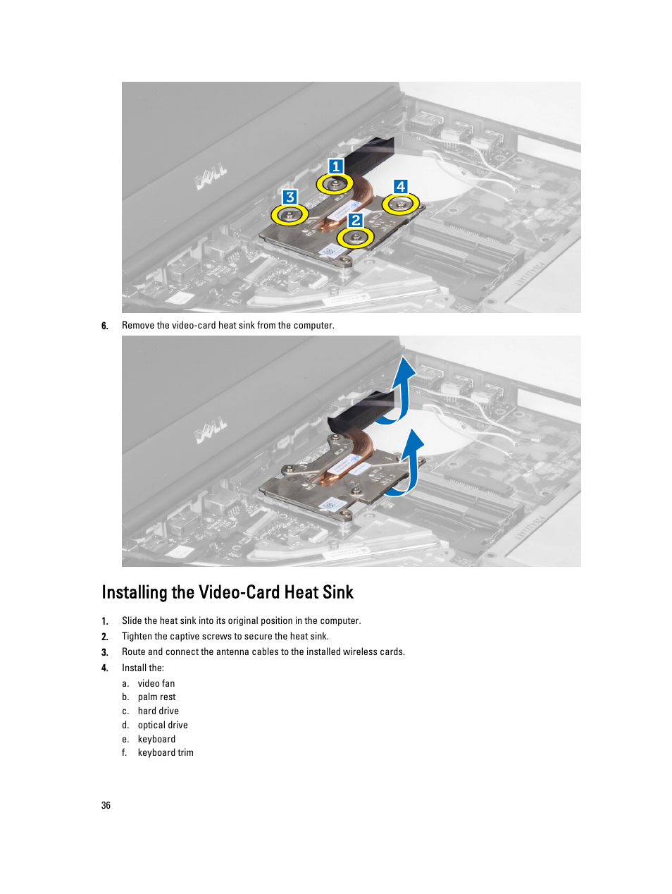 Installing the video-card heat sink | Dell Precision M4700 (Mid 2012) User Manual | Page 36 / 83