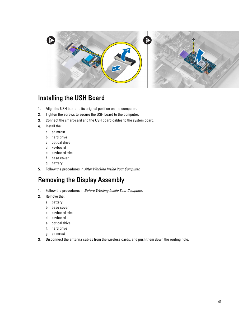 Installing the ush board, Removing the display assembly | Dell Precision M4700 (Mid 2012) User Manual | Page 41 / 83