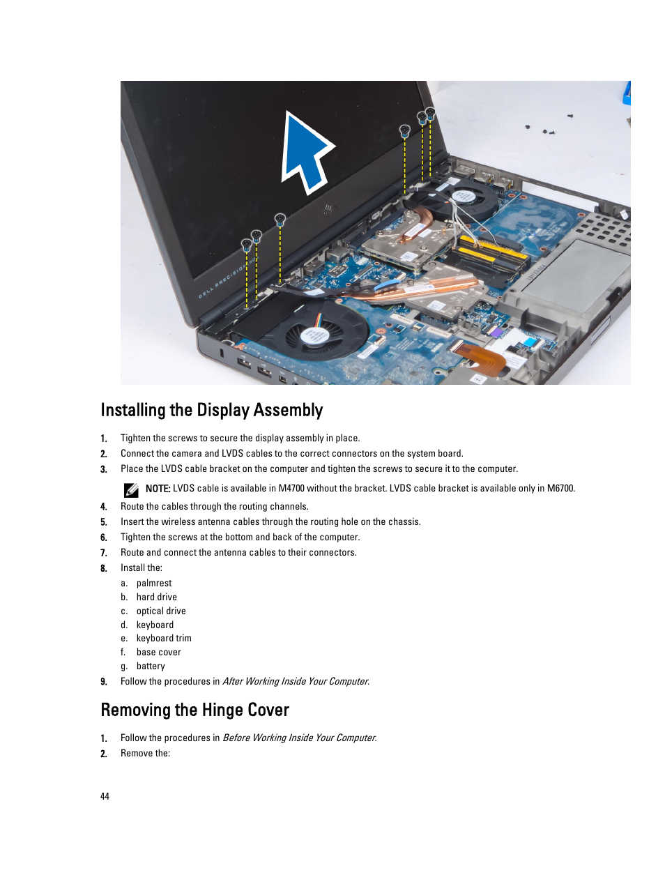 Installing the display assembly, Removing the hinge cover | Dell Precision M4700 (Mid 2012) User Manual | Page 44 / 83