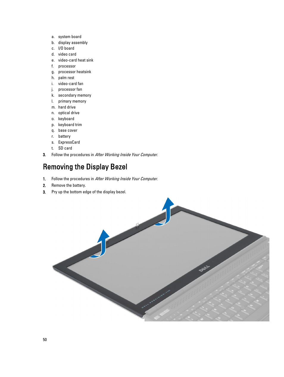 Removing the display bezel | Dell Precision M4700 (Mid 2012) User Manual | Page 50 / 83