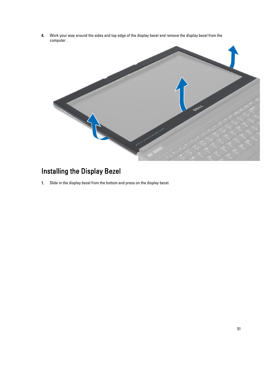 Installing the display bezel | Dell Precision M4700 (Mid 2012) User Manual | Page 51 / 83