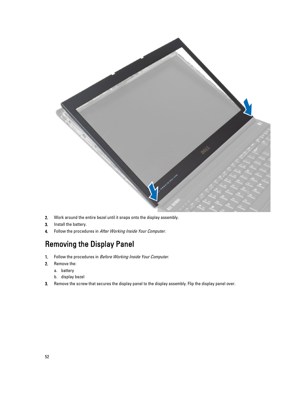 Removing the display panel | Dell Precision M4700 (Mid 2012) User Manual | Page 52 / 83